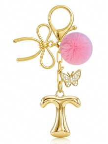 Cute Minimalist A-Z Initial Gold Keychain With Bowknot Pink Fur Ball Key Chain For Women's Bags, Daily Wear And Gift - Gold - View 21
