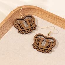 Women's Personalized Initial Wooden Earrings, Hollow Heart Daisy Flower Pattern 26 Letter Dangle Earrings - Brown - View 17