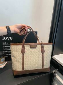 Cross-Border Woven Color-Block Rhombus Embossed Large Capacity Tote Bag Shoulder Large Bag Versatile Fashion Tote Bag For Women - Khaki - View 2