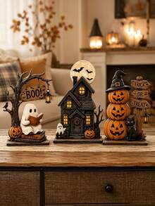 3pcs Halloween Wooden Tabletop Decor Set, Ghost Reading, Haunted House & Stacked Pumpkin Sign Ornaments, Fall Tiered Tray Home Party Decorations - Multicolor - View 2