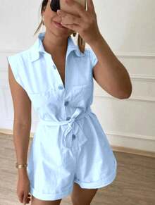 Women's Clothing/Romper/Waist Tie/Linen - 淺藍色 - 查看 1