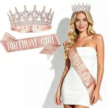 1pc/2pcs Birthday Girl Crown & Sash Set, Rose Gold/Purple/Gold Rhinestone Tiara + Glitter Sash, Women & Girls Birthday Party Accessories - Multicolor - View 6