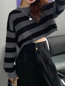 Women's Round Neck Long Sleeve Striped Casual Sweater, Random Cut Fall - Grey - View 3