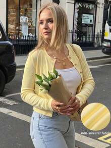 Women's Elegant Short Cardigan, Button Design, Ribbed Fabric, Long Sleeve Round Neck Spring Yellow - Yellow - View 2