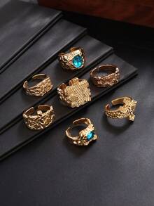 7pcs Fashion Hip Hop Punk Liquid Geometric Metal Rings, Rhinestone Inlaid, Adjustable Knuckle Rings, Gift, Holiday Gift, Men's Ring Set - Yellow Gold - View 4