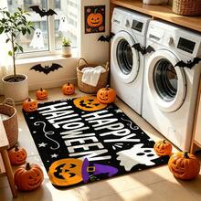 1pc Black Background White Text Pumpkin & Bat Pattern Entryway Doormat, Simple Vintage Style Polyester Rectangular Non-Slip Easy-To-Clean Mat For Halloween Holiday Doorway, Hallway, Yard - 0714+MZGJ - View 8