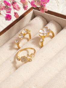 Bộ 3 nhẫn ngón trỏ nữ đính ngọc trai hoa và đá rhinestone, phong cách tối giản sang trọng cao cấp, thời trang đa dụng, set nhẫn cô dâu - Nhiều màu - Xem 5