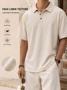 Blueprint Man 1件男士 Polo 衫，淺色仿亞麻紋理 Polo 領短袖 T 恤，垂墜感仿亞麻面料，寬鬆舒適日系休閒輕商務通勤，適合日常通勤商務休閒春/夏穿著或疊穿 - 杏色 - 查看 5