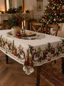 White Tablecloth With Gold Floral Print – Elegant Christmas Table Decor – Polyester Rectangular/Round/Oval Tablecloth – Suitable For Winter Table Settings And Home Christmas Parties. - Multicolor - View 2