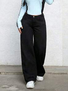 Teenage Girls' Fashion Solid Color Straight-Leg Jeans - Black - View 5