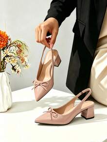 Women's Pointed Solid Color Bow Tie Coarse Heel Sandals, Can Be Paired With Skirts And Pants, Suitable For Daily Use, Dating, And Vacation - 杏色 - 查看 1