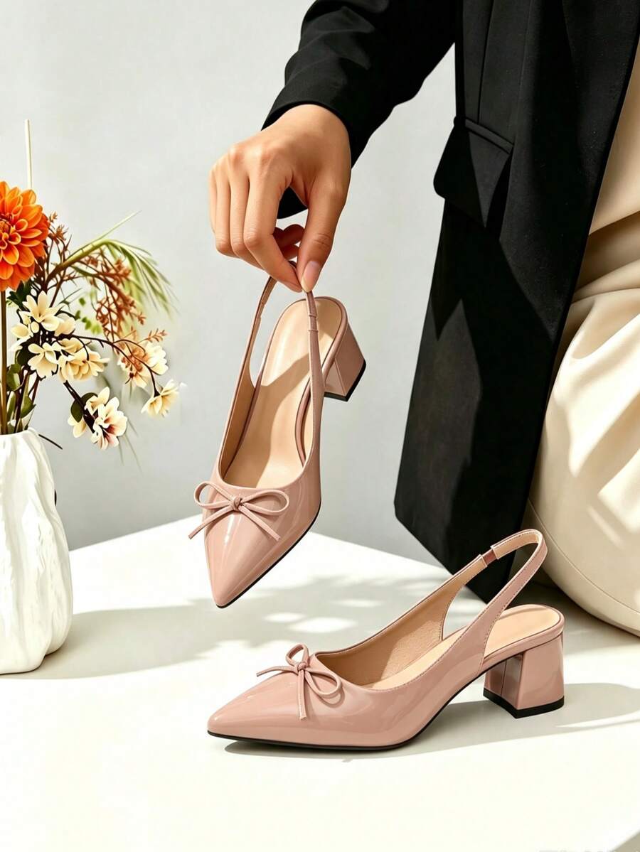 Women's Pointed Solid Color Bow Tie Coarse Heel Sandals, Can Be Paired With Skirts And Pants, Suitable For Daily Use, Dating, And Vacation - 杏色 - 查看 1