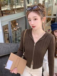 Korean Style Casual Hooded Zip-Up Knit Sweater, Slim Fit Flattering Textured Long Sleeve Top, Versatile Outerwear, Can Be Worn Alone Fall - Brown - View 3