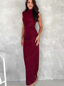 Women's Draped Midi Length Glitter Detailed Dress - Burgundy - View 4