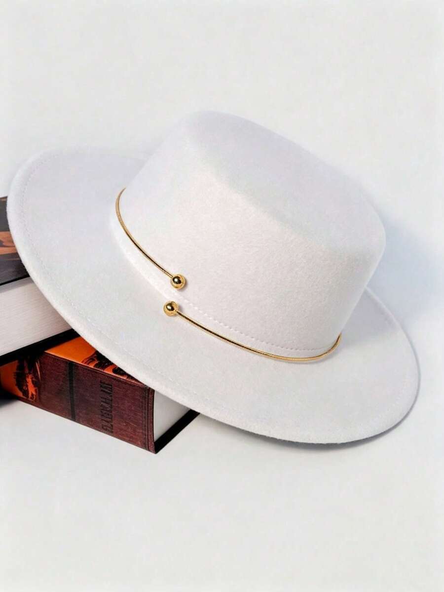 1pc Spring Summer Autumn Winter Unisex Metal Ring Decor Wide Brim Fedora Hat, Fashion Vintage Elegant Versatile Felt Hat For Parties, Gatherings And Daily Wear - A - View 1