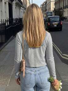 Fashionable Street Style Button-Up Cardigan, Solid Color Slim Fit Long Sleeve Top Spring - Grey - View 4