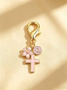 1pc New 26 English Letter Optional Enamel Drip Oil Cross & Cherry Blossom Pendant, Gold Lobster Clasp Detachable Bag Charm, Girls' Portable Key Decoration Small Gift - Pink - View 2