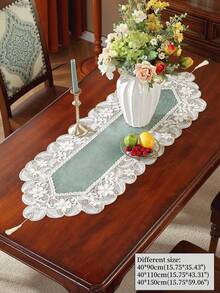 100% Polyester Vintage Luxury Rectangular Table Runner, Soft Base Fabric With Sheer Mesh, Full Floral And Leaf Embroidery, All-Around Hollow Lace Edge, Double Layer Tablecloth, Suitable For Bridal Breakfast Table, Country Cottage Kitchen Decor - Khaki - View 14