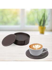 6pcs Round Leather Coasters, 4 Inch, Handmade Premium PU Leather, Non-Slip Design, Suitable For Home Decor And Kitchen Use, Housewarming Gift - Multicolor - View 7