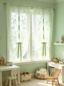 1pc Floral Green Lace Tie-Back Sheer Curtain Valance, Rod Pocket Design, Adjustable Light Filtering Voile Curtain, Window Room Decor, Baby Shower Decoration - Multicolor - View 5