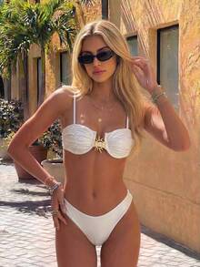 Bikinx Metallic Solid Color Sexy Bikini Swimwear Set For Women, Suitable For Summer Beach Vacation White - White - View 4