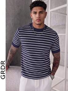 GRDR Men's Colorblock Knit Short Sleeve Sweater, Striped Fashion Short Sleeve, Suitable For Summer Casual Gatherings, Essential Fashionable Item - Navy Blue - View 3