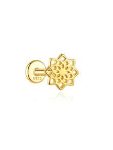 925 Sterling Silver Hidden Cochlea Cartilage Stud Earrings For Women, 18K Gold Plated Lotus Flat Back Piercing Jewelry Gift - Gold - View 11
