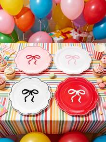 10pcs/20pcs/50pcs Red, Pink & White Bow Paper Plates, 7/9 Inch Scalloped Paper Plates, Disposable Dessert Plates Suitable For Wedding, Baby Shower, Birthday Party, Valentine's Day - 蝴蝶結款 - 查看 4