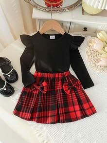 Set 2pcs Baju Rajut Lengan Panjang Bergaris untuk Bayi Perempuan & Rok Pita Kotak-kotak, Lucu untuk Musim Semi/Gugur - Hitam - View 1