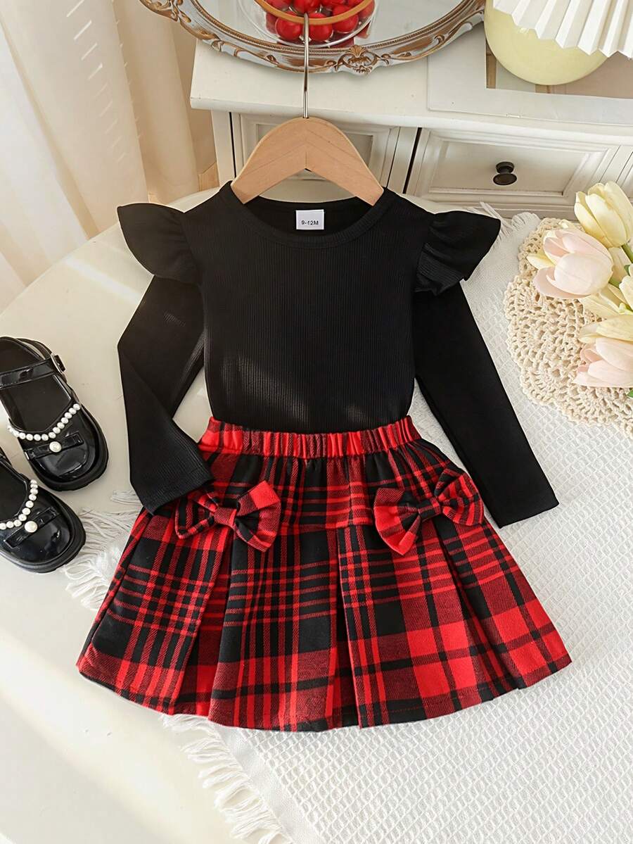 Set 2pcs Baju Rajut Lengan Panjang Bergaris untuk Bayi Perempuan & Rok Pita Kotak-kotak, Lucu untuk Musim Semi/Gugur - Hitam - View 1