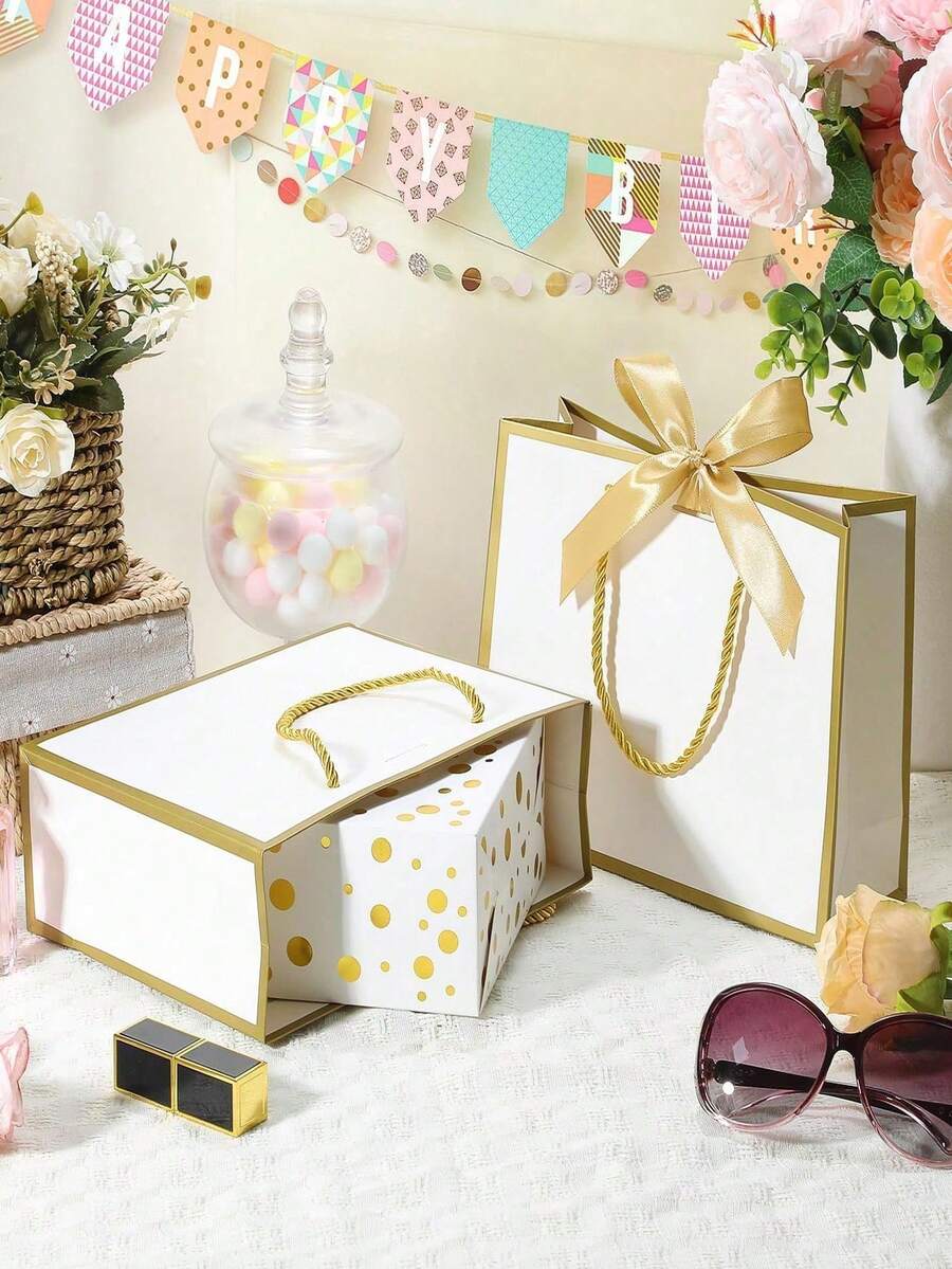 Tas Kado Putih Elegan dengan Pinggiran Emas, Set Kemasan Kado Mewah Termasuk Pita, Kartu Ucapan, dan Kertas Tisu, Tas Kado Kertas yang Dapat Digunakan Kembali, Cocok untuk Pernikahan, Ulang Tahun, Hari Jadi, Kado Pengiring Pengantin, Perlengkapan Kemasan Kado Liburan
