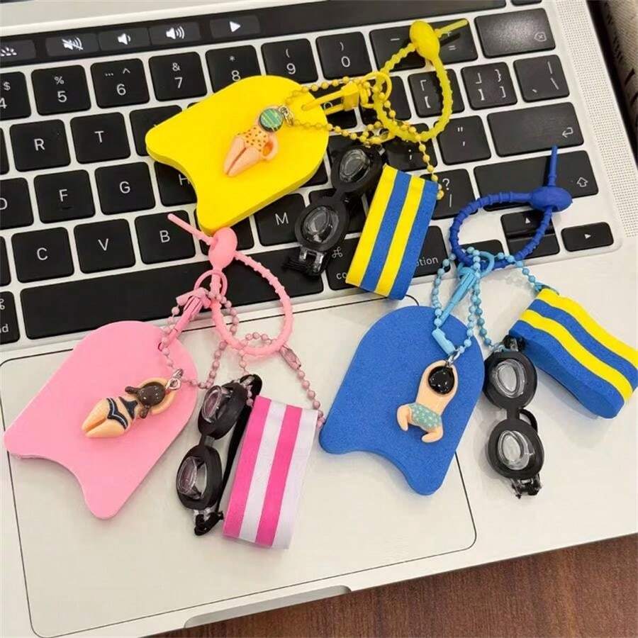 1pc Cute Swimming Theme Keychain, Mini Swimmer Figure Goggles Foam Kickboard Bag Charm, Creative Backpack Pendant Key Ring For Swimming Lovers Gift - Multicolor - View 1