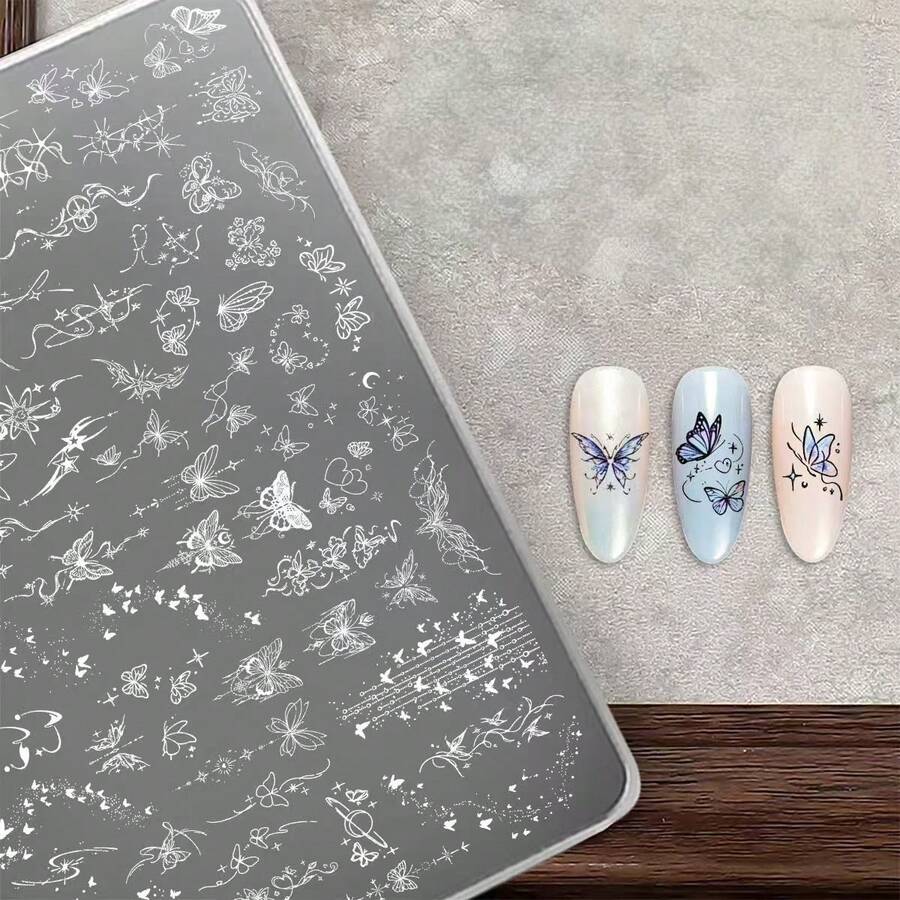 1PC Silver Square Starlight Butterfly Nail Art Stamping Plate, Star Moon Vine Butterfly Pattern Transfer Template, DIY Nail Art Pattern Engraving Steel Plate, Fine Line Pattern Clear Engraving Resistant To Breaking, Multiple Butterfly Pattern Styles For Free Combination And Matching, Suitable For School Nail Salon Practice, Christmas Atmosphere Nail Art Creation, Halloween Dark Butterfly Nail Art Styling, Short Video Promotion - Multicolor - View 1