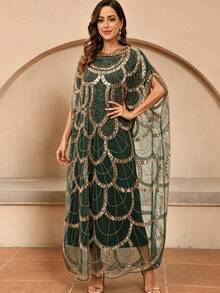JINLICX Elegant Plus Size Arabian Dress With Contrast Sequin Batwing Sleeves Long Scoop Neck Formal Attire - Dark Green - View 2