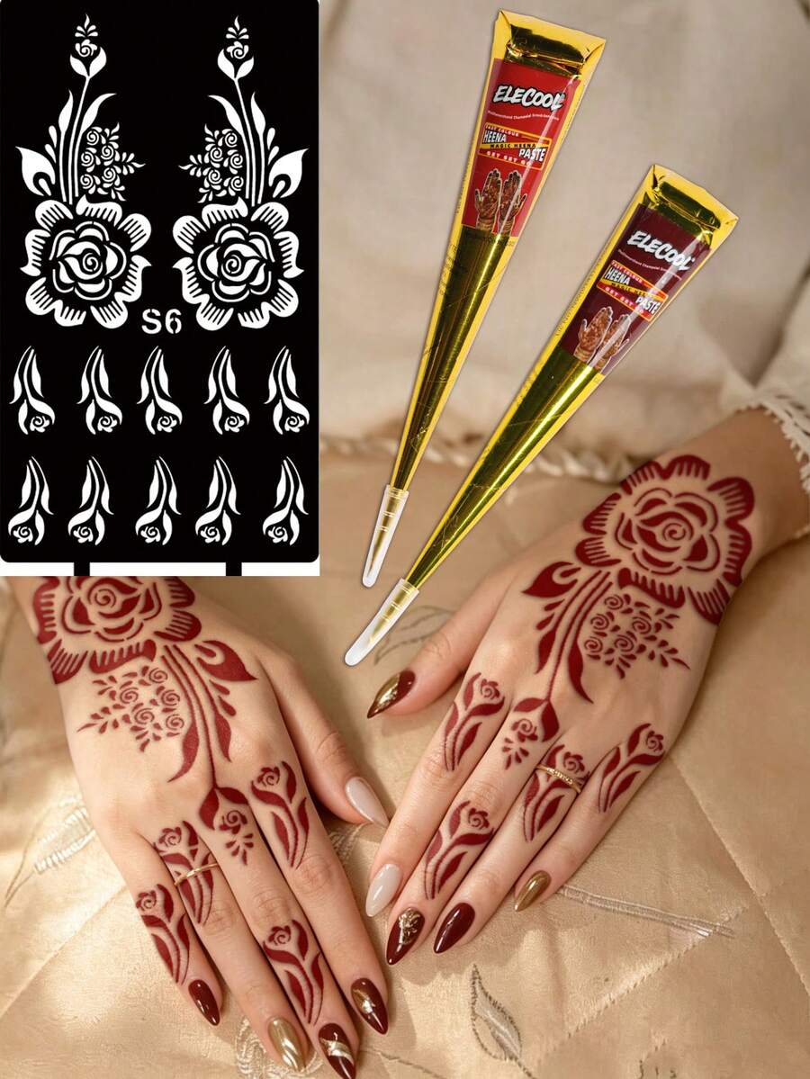 3PCS (1 Warna Cokelat + 1 Pasta Henna Merah Tua + 1 Templat Bunga) Set Kombo Krim Tato Henna untuk Seni Kuku dengan Kotak Penyimpanan, Tinta Tato Semi-Permanen Berbasis Tanaman untuk Tangan dan Tubuh - MultiWarna - View 1
