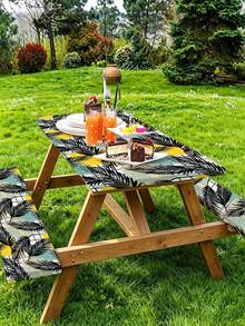 3 Pieces Picnic Tablecloth Set With Bench Cover, Elastic Edge Design, Leaf Pattern With Minimalist Geometric Pattern, Washable Rectangular Tablecloth, Suitable For Wedding, Camping, Picnic, Garden Party And Other Occasions, Practical Essential - D - View 2