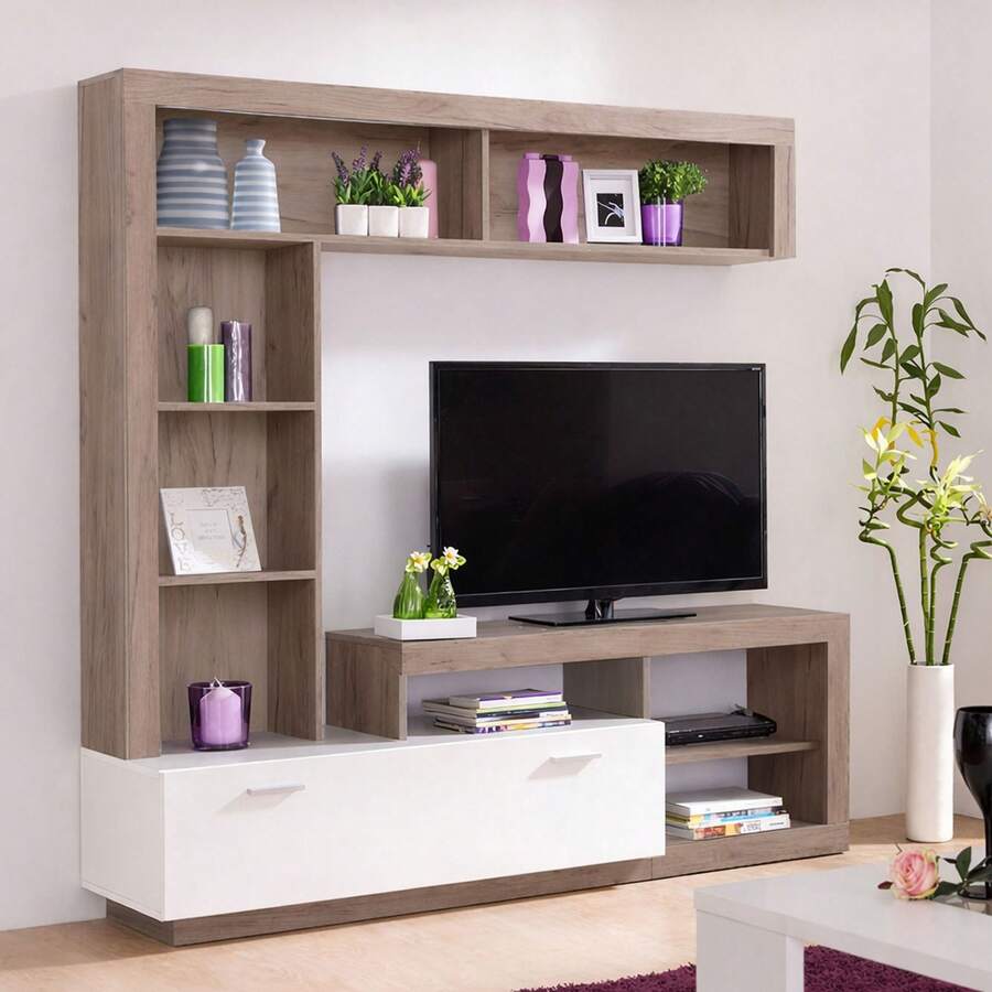 Dmora Moggio - Parete Attrezzata, 171x42x171h cm Marrone Rovere Grigio, 7 Ripiani - Castano - Visualizzare 1