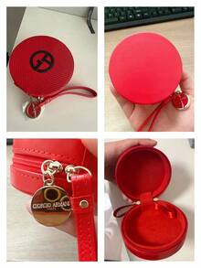 Red Round Zipper Makeup Pouch With Wrist Strap Classic Logo Portable Cosmetic Storage Bag For Daily Travel Use ARMANI-GIFT-75 - Red - View 7