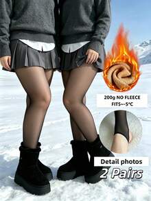 2Pcs 200G Plus Size Women Fleece Lined Pantyhose, Warm Winter Base Layer Tights, Multi‑Purpose Wear For Autumn And Winter Daily Casual Outfits - Black - View 5