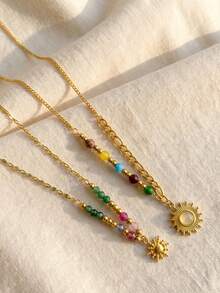 Juego de 2 collares de acero inoxidable con colgante de sol a prueba de decoloración, collares de doble cadena apilables con cuentas de colores, joyería de moda para mujer, regalo - Multicolor - Ver 4