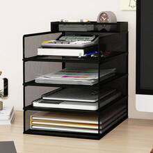 Metall Schreibtisch Organizer für A4 Dokumente, 4-stufige Briefablage Weiß, Papierablage mit Stiftablage für Büro, Arbeitszimmer und Homeoffice - Schwarz - Übersicht 9