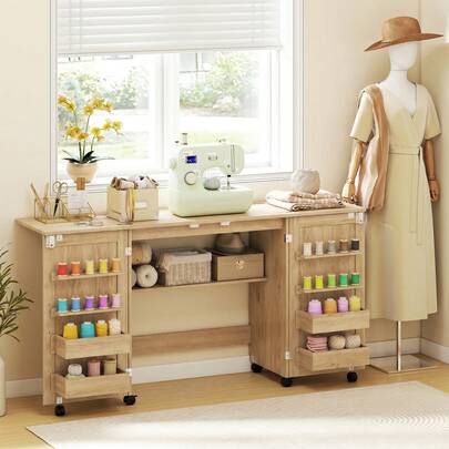 Folding Sewing Machine Table, Modern Freestanding Organizer With 2 Doors, Locking Wheels And Foldable Design, Engineered Wood, Oak, For Sewing Room, Craft Room & Home Studio, Sewing Enthusiasts & Crafters