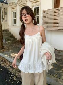 韓式層次蕾絲細肩帶上衣，溫柔約會風 - 杏色 - 查看 4