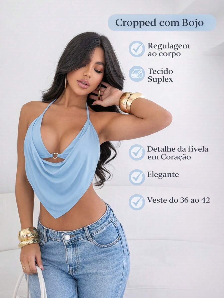 Cropped Frente Única com Detalhe de Coração - Azul bebê - Visão 1