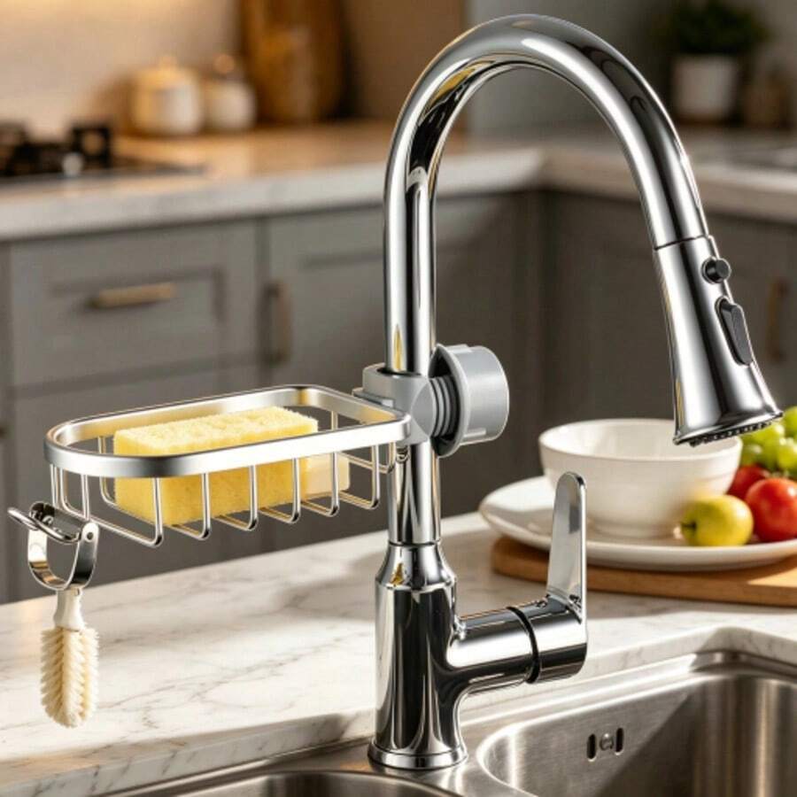 1pc Space-Saving Faucet Storage Rack & Shower Bar Storage Basket, Easy Installation & Use, Kitchen Sink Organizer With Soap & Sponge Holder, Multi-Functional Faucet & Shower Bar Storage Rack For Dishcloths, Bath Supplies And Cleaning Tools - Soap Dish - View 1