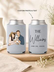 Personalized Can Cooler Sleeves, Custom Photo And Text Drink Holder With Portrait, Custom Name And Date Beverage Can Sleeve, Wedding Party Favor For Couples And Pet Families - Multicolor - View 11