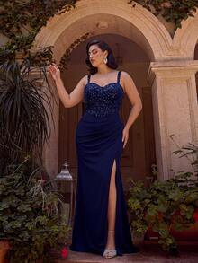 ADYCE Elegantes Brautjungfernkleid mit dicken Trägern, tailliert, rückenfrei, figurbetont, mit Pailletten, hohem Schlitz und bodenlang, Abendkleid für Abschlussball, Geburtstagskleid für Party - marineblau - Übersicht 7