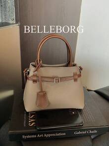 BELLEBORG 女款高級休閒拼色通勤復古帆布扣環百搭小方包手提包 - 灰色 - 查看 10