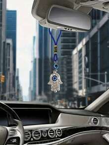 1pc Rhinestone Hamsa Hand Evil Eye Car Hanging Ornament, Blue Braided Rope Rear View Mirror Pendant, Lucky Protection Amulet Charm, Car Interior Decor Accessory Gift - Pendant - View 2