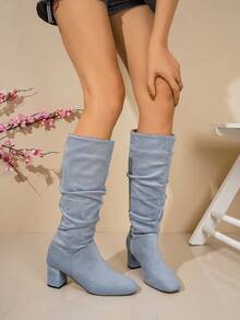 Western Style Petite Height-Increasing Tall Boots For Women, Autumn/Winter New Chunky Heel Slimming Slouchy Riding Boots - Blue - View 5